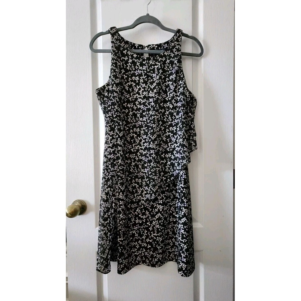 Tommy Hilfiger Womens Chiffon Sleeveless Floral Dress Round Neck‎ Black  L